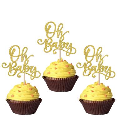 Rsstarxi 24 Pack Oh Baby Cupcake Toppers Glitter Baby Shower Cupcake Picks Decorations for Celebrating Baby Shower Kids Birthday Party Cake Decorations Supplies Gold