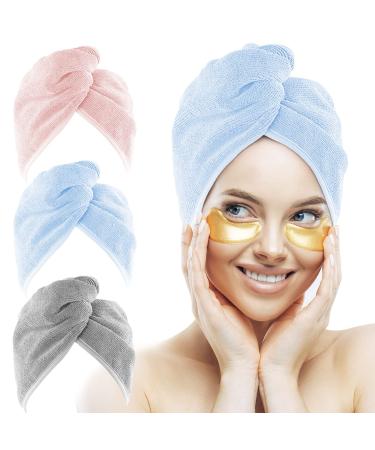 HOMEXCEL Microfiber Hair Towel for Women,3 Packs Hair Turbans for Wet Hair,Super Absorbent Hair Drying Towel Wrap with Double Button for Curly,Longer,Thicker Hair Anti Frizz- 10X 26 Inch Pink-blue-grey