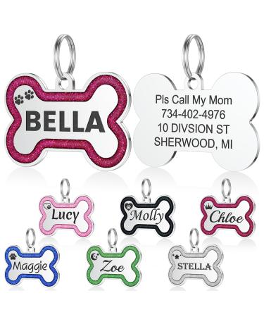 Dog brand with engraving - Yhananti personalized pendant for small to medium -sized dogs in glitter bones - stainless steel dog brand personalized with name telephone number and address (pink red small) S pink red red