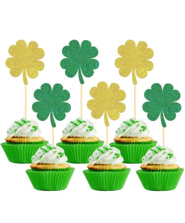 24 Pcs St Patrick's Day Cupcake Toppers Four Leaf Clover Leprechaun Hat Horseshoe Shamrock Cupcake Toppers for St Patrick's Day Party Decorations (Trefoil A)
