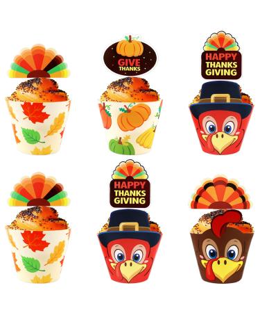 80 Pcs Thanksgiving Cupcake Toppers Pumpkin Turkey for Thanksgiving Day Decoration Party Supply (Gobble Till you Wobble)