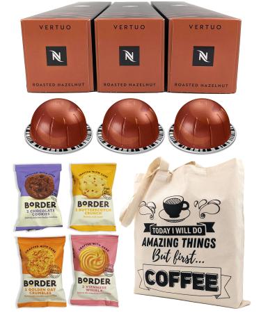 Nespresso Vertuo Coffee Capsules - Roasted Hazelnut - 3 Boxes (30 Pods) Bundled with Border Biscuits Selection & Giftable Tote Bag