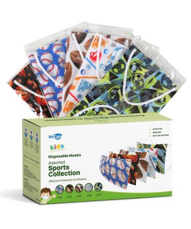 WeCare Disposable Face Masks For Kids, 50 Sport Collection Face Masks, Individually Wrapped Sport Prints