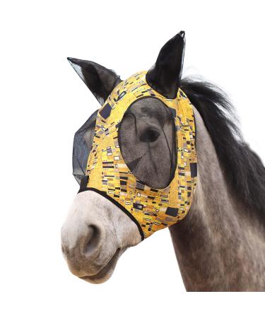 Harrison Howard fly mask for horses super comfortable elastic with ear-UV protection exclusive prints golden form M medium golden shape