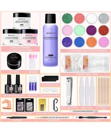 Morovan Acrylic Nail Kit with 12 Glitter Powder Set - Professional Monomer & Liquid Set for French Nail Tips - Practice Hand & Brushes for DIY Nail Art - Buy Online on SooperMarket.com