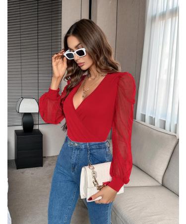 Fayenne Womens Tops Deep V Neck Cross Wrap Sexy Tops Polka Dot Mesh Long Sleeve T Shirt Casual Blouses S Red - Buy Online on SooperMarket.com