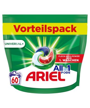 Ariel allin1 pods liquid detergent capsules universal+ 60 washing loads even with 7 days old dried stains in cold water 60 pieces (1 Pack) new - universal