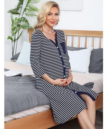 Marvmys Maternity Nightdress - 3/4 Sleeves Nursing Nightgown for Breastfeeding - V Neck Pajama Loungewear in Navy Blue - Buy Online on SooperMarket.com