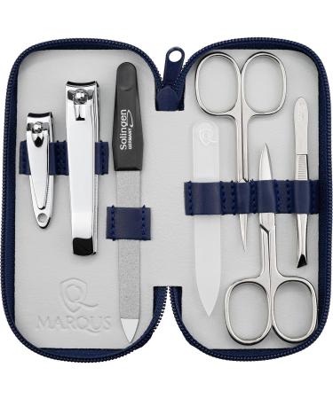 Marqus manicure set ladies and gentlemen Solingen made in germany 7 parts with patented glass files for hand and foot care - real leather etui handy and soft 3. blue