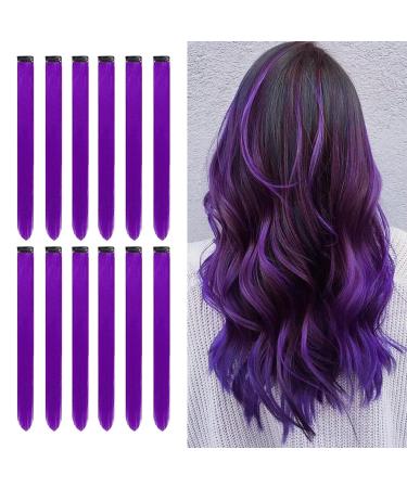 12 PCS Purple Hair Extensions Clip in 22Inch Purple Hair Extensions Colorful Straight Extensions Hair Highlights Accessories for Kid Girls Women Party Hair Decor 12pcs-Purple