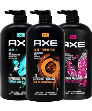 Axe Men's Body Wash Variety Set Set of 3 Scents Axe Dark Temptation Apollo and Excite Body Wash 3in1 Body and Face Wash in Pump Bottle 33.8 Ounce Each