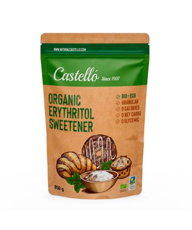 Castello since 1907 Erythritol Sweetener Organic Bio Eco | 10g 7g of sugar | Sugar Substitute - Keto and Paleo Friendly - 0 Glycemic - 0 Calories - 0 Net Carbs - Made by corn 100% Non-GMO - 850 g
