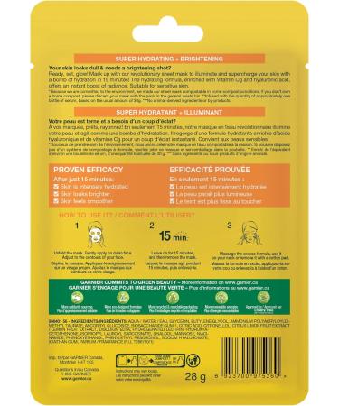 Garnier Beauty Face Mask Brightening and Hydrating Skin Care Hyaluronic Acid + Vitamin C for Dull and Uneven skin 1 Tissue Mask 28g Brightening for Dull Skin - Buy Online on SooperMarket.com