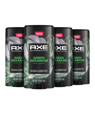 AXE Fine Fragrance Collection Aluminum No Deodorant Stick for Men Green Geranium 4 Count with 48H Odor Protection and All-Day Freshness Infused with Geranium Cedar & Patchouli Essential Oils 2.6 oz