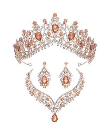 SWEETV Rose Gold Wedding Crown for Bride 3-pack Tiara Earrings Necklace Queen Crown Jewelry Set Crystal Costume Party Birthday Prom Pageant Jewelry for Women Genesis