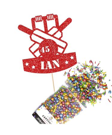 Cakeshop Cake Decoration Pack | Cricket Birthday Theme Premium Double Sided Glitter Card Cake Topper & 25g Party Pack of Cake Sugar Sprinkles | Custom Name & Age Cake Decorations (Red) Prime Glitter Card: Red