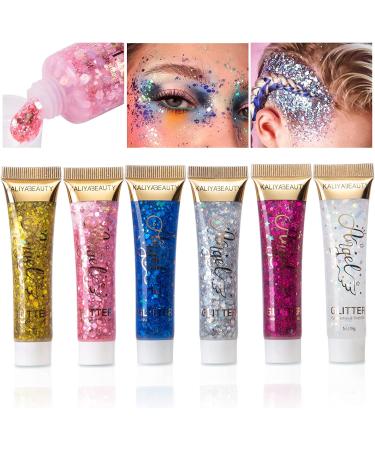 Beteligir 6pcs Face Body Glitter  Concert Glitter Gel  Face Eye Hair Music Festival Rave Accessories Makeup Sparkling Body Glitter Gel for Women 01Set