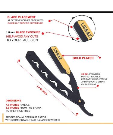 Lisaaz Straight Razors for Men - 100 Blades, Black Stainless Steel, Professional Finish - Quality Mens Shaving Razors - Navajas para Barbero - 4.8 inch Matte Black Gold Clip - Buy Online on SooperMarket.com