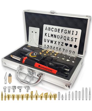 Woodland Home Wood Burning Kit. Pyrography Pen Fully Adjustable Temperature with Safety Stand. 27 Tips with Cutting Blade, Stencils and Deluxe Case