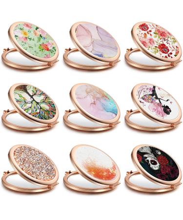 9 Pieces Compact Mirror Bulk Pocket Mirror for Women 1X/2X Magnification Makeup Mirrors Mini Purse Mirrors Rose Gold for Wedding Travel Girls Gift