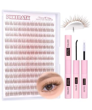 PHKERATA Brown Cluster Lashes Kit Brown Individual Eyelashes Wispy C Curl Brown Eyelash Clusters 156Pcs Natural Lashes Individual Cluster with Lash Glue Bond and Seal Lash Extension Kit 10-12MM Wispy Brown Kit