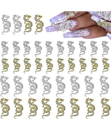 RUNRAYAY 40Pcs Gold & Silver Dragon Nail Art Studs for 3D Nail Charms Dragon Nail Decoration for Women Girl DIY Nail Art Decor