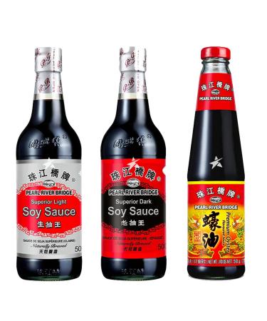 Pearl River Bridge Stir Fry Cooking Set - Oyster Sauce Light & Dark Soy Sauce (Pack of 3)