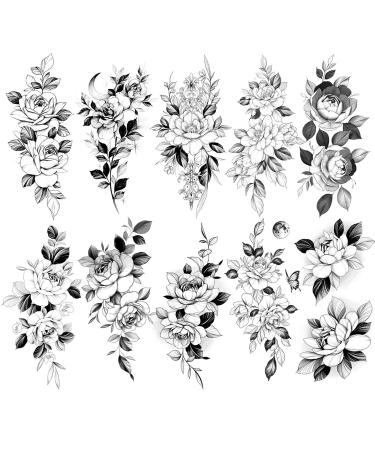 Oottati 10 Sheets Waterproof Temporary Tattoo Stickers 3D Black Branch Rose Peony Flower Girls Blossom Waterproof Arm Leaf Sexy Arm Chains Pattern Perfect for Parties  Events and More