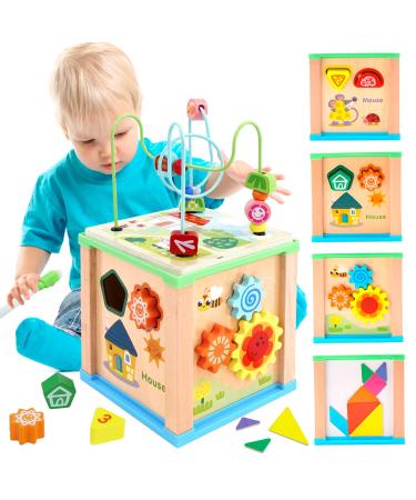 Motor cube activity cubes made of wood 6-in-1 Montessori toys wooden toys with form sorting block stacks labyrinth color detection for boys and girls aged 1 2 3 4 5 years