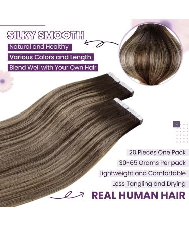 LAAVOO Remy Hair Tape Extensions - Brown Ombre Dark Brown Balayage 45cm | Invisible Skin Weft 50g | 20pcs #4/27/4 - Buy Online on SooperMarket.com