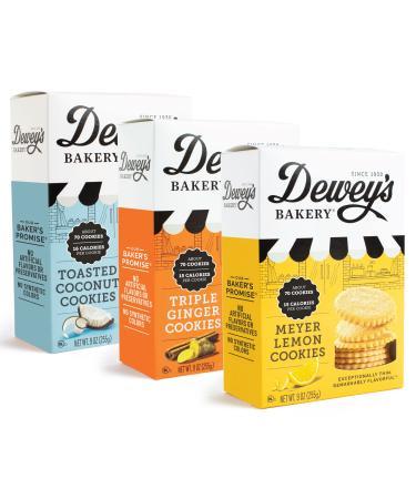 Dewey's Bakery Meyer Lemon, Triple Ginger & Toasted Coconut Moravian Cookie Thin Variety Pack | Baked in Small Batches | Real, Simple Ingredients | Southern Bakery Recipes | 15 Calories Per Cookie | 9 oz (Pack of 3) Lemon, Ginger, Coconut (3pk)