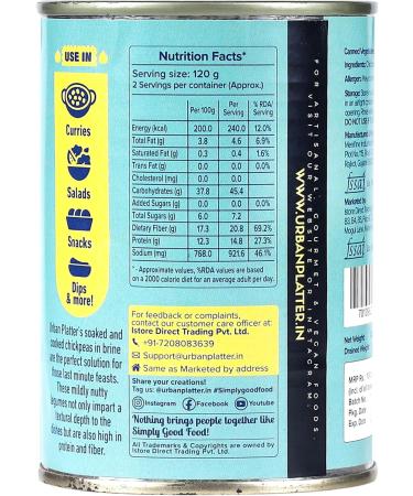 Urban Platter Ready To Use Chickpeas in Brine 400g (Canned Drained Weight 240g) - Buy Online on SooperMarket.com