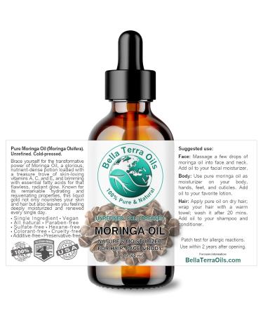 Organic Moringa Seed Oil - Bella Terra Oils | Cold-Pressed Facial Elixir | 2 oz | High in Vitamins A C & E for Radiant Beauty - Buy Online on SooperMarket.com