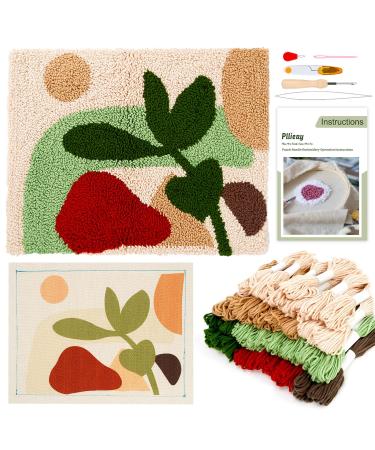 Pllieay Punch Needle Rug Kit  Square Punch Needle Carpet with Wood Embroidery Frame  Include Instructions  Monks Cloth with Plants Pattern  Yarns  Embroidery Tools for Adults Beginners