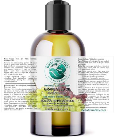 Pure Grape Seed Oil 236 ml Antioxidant-Rich Lightweight Radiant Skin Frizz-Free Hair Silky Touch Bella Terra Oils 236 ml (Pack of 1) - Buy Online on SooperMarket.com