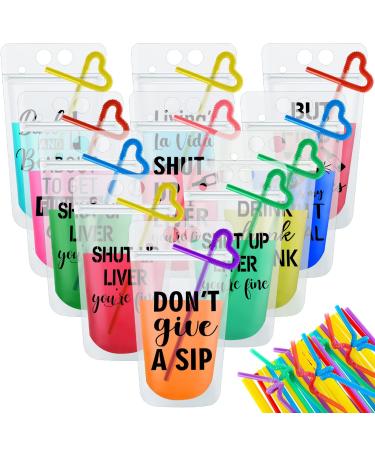 Drink Pouches with Straws Plastic Drink Bags with Zipper Party Beverage Bags Juice Pouches for Adults and Teens (36 Sets 9 Styles) 36 9 Styles