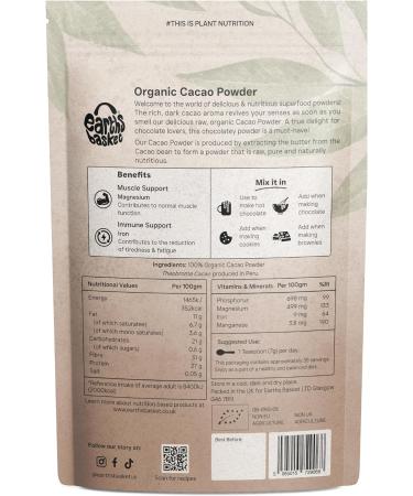 Earths Basket Organic Cacao Powder 250g Peruvian Natural & Pure Theobroma Cacao. Magnesium & Iron - Buy Online on SooperMarket.com