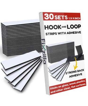 FixZilla 30 Sets Hook and Loop Strips with Adhesive - 1x4 Inch - Strong Back Adhesive Fasteners Tape  Black 30 Sets 1x4 Inch Black