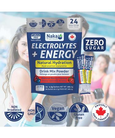 Naka Electrolytes + Energy Natural Hydration Drink Mix powder Berry Flavour Caffeine Free Botanical Boost with Beetroot Hawthorn Berry and Ginseng Made in Canada (24 sachets) - Buy Online on SooperMarket.com