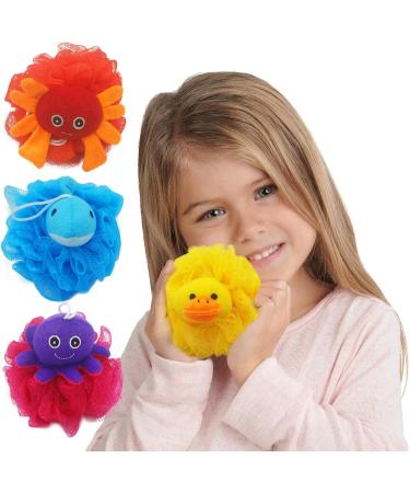 Bleu Bath Kids Exfoliating Bath Scrubber - 4 Pack Animal Design Shower Balls for Baby & Toddler - Gentle Loofah Poufs in Colorful Marine Theme - Buy Online on SooperMarket.com