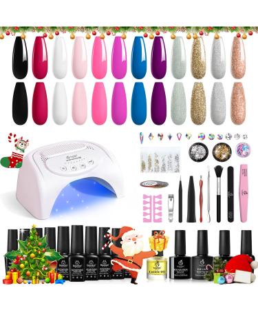 Beetles 12 Colors Gel Nail Polish Starter Kit with 48W UV LED Nail Lamp Gel Nail Kit Base Gel Top Coat Nude Pink Black White Red Blue Gel Polish Glitter Powder DIY Nail Art Manicure Kit 12 Gel Nail Kit