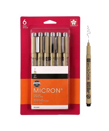SAKURA Pigma Micron Fineliner Pens - Archival Black Ink Pens - Pens for Writing Drawing or Journaling - Black Ink - 01 Point Size - 6 Pack