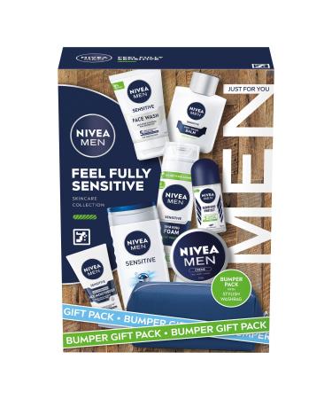 NIVEA MEN Feel Fully Sensitive Skincare Gift Set (8 Products) Includes Shower Gel Anti-Perspirant Face Wash Shaving Foam Post Shave Balm Moisturisers and Wash Bag