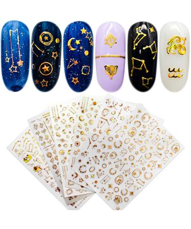 Luxury Gold Star Moon Nail Art Stickers 6 Sheets 3D Self Adhesive Pegatinas para U as Ramadan Gold Metallic Line Decals Starry Sky Exquisite Design Manicure Tips Nail Decoration for Women Girls