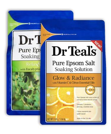 Dr Teal's Epsom Salt Bath Combo Pack (6 lbs Total) Relax & Relief with Eucalyptus & Spearmint and Glow & Radiance with Vitamin C & Citrus