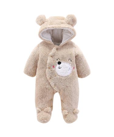 puseky Newborn Baby Cartoon Bear Snowsuit Winter Coat Fleece Hooded Footed Romper Jumpsuit Unisex Baby Winter Clothes Bodysuit 3-6 Months Khaki