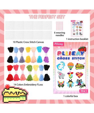 Pllieay Kids 10-in-1 Cross Stitch Beginner Kit with 10 Patterns, Plastic Canvas, and Colored Threads - Needlepoint Starter Set for Kids - Buy Online on SooperMarket.com