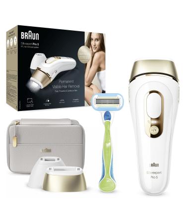Braun IPL Silk Expert Pro 5 Visible Hair Removal For Women & Men With Venus Razor and Precision Head Premium Pouch Alternative For Laser Hair Removal PL5124 White/Gold