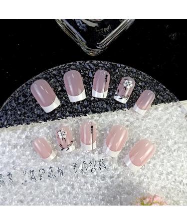 Justotry 24 Pcs Square White French Flower Press on Nails with Leaf Pattern - Medium Glossy Squoval Fake Nails for Women | Nail Glue Included - Buy Online on SooperMarket.com