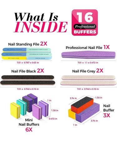 16 Pcs Nail Files & Buffers Set - OVLUX Professional & Home Nail Buffer Block Tool - Double Sided Grit Files for Natural Nails - 7 Step Nail Strips - Buy Online on SooperMarket.com